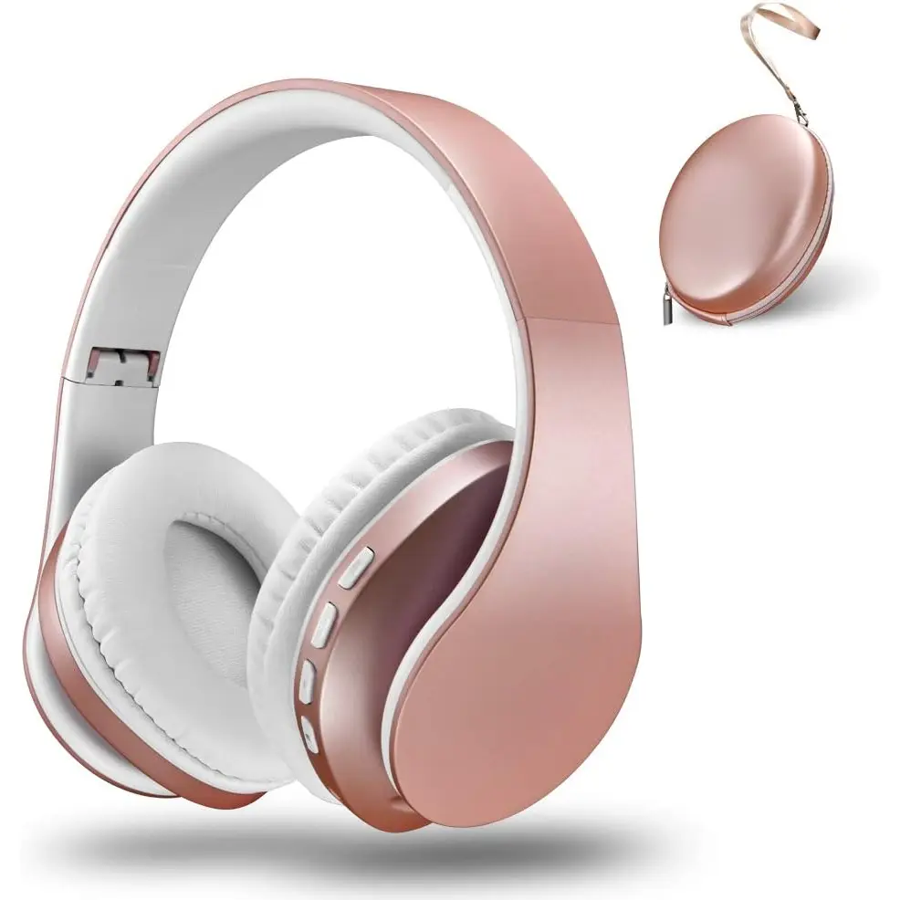Over-Ear Wired Stereo Audio Headphones - Foldable Electronic Headset with SD/TF Card Support, FM Radio, Mic, Button Controls, Secure Plug, Soft Earmuffs, Light Weight, Noise Isolation, Manufacturer Warranty (Rose) for Cell Phones, PCs