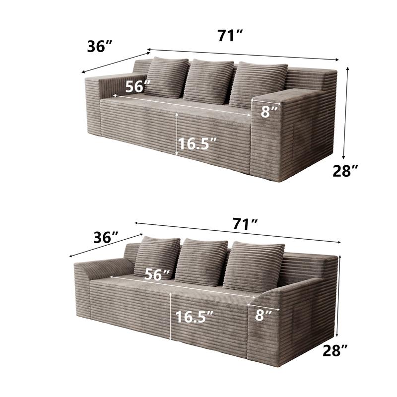 Space-Saving 71" Corduroy Sofa for Small Spaces, Apartments & Offices - 3-Seat Deep Couch, No Assembly Required, Comfy for Living Room, Bedroom, Conference