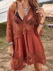 Women's Vacation Style Beach Cover-Up, Lace Cut-Out Sun Protection, Sexy Bikini Swimsuit Outerwear, Knee-Length Loose-Fit Dress