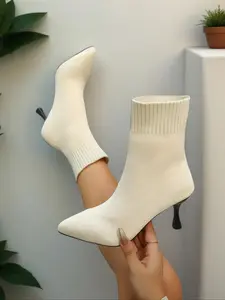 Women's High Heel Pointed Toe Short Boots, Spring & Fall Fashion Elastic Sock Booties, Soft Comfortable Knitted Casual Ankle Boots, Pointed Toes Boots