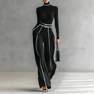 Autumn Striped Print Patchwork Woman Overalls Elegant High Neck Slim Top Pullover & Wide Leg Trousers Suit Winter Outfit Suit