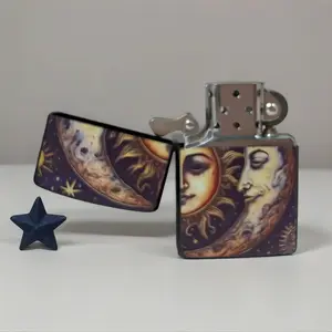 Sun & Moon Vintage Lighter – Windproof Refillable Lighter Fluid Metal Pocket Lighter, Celestial Aesthetic EDC Gift(No Fuel)
