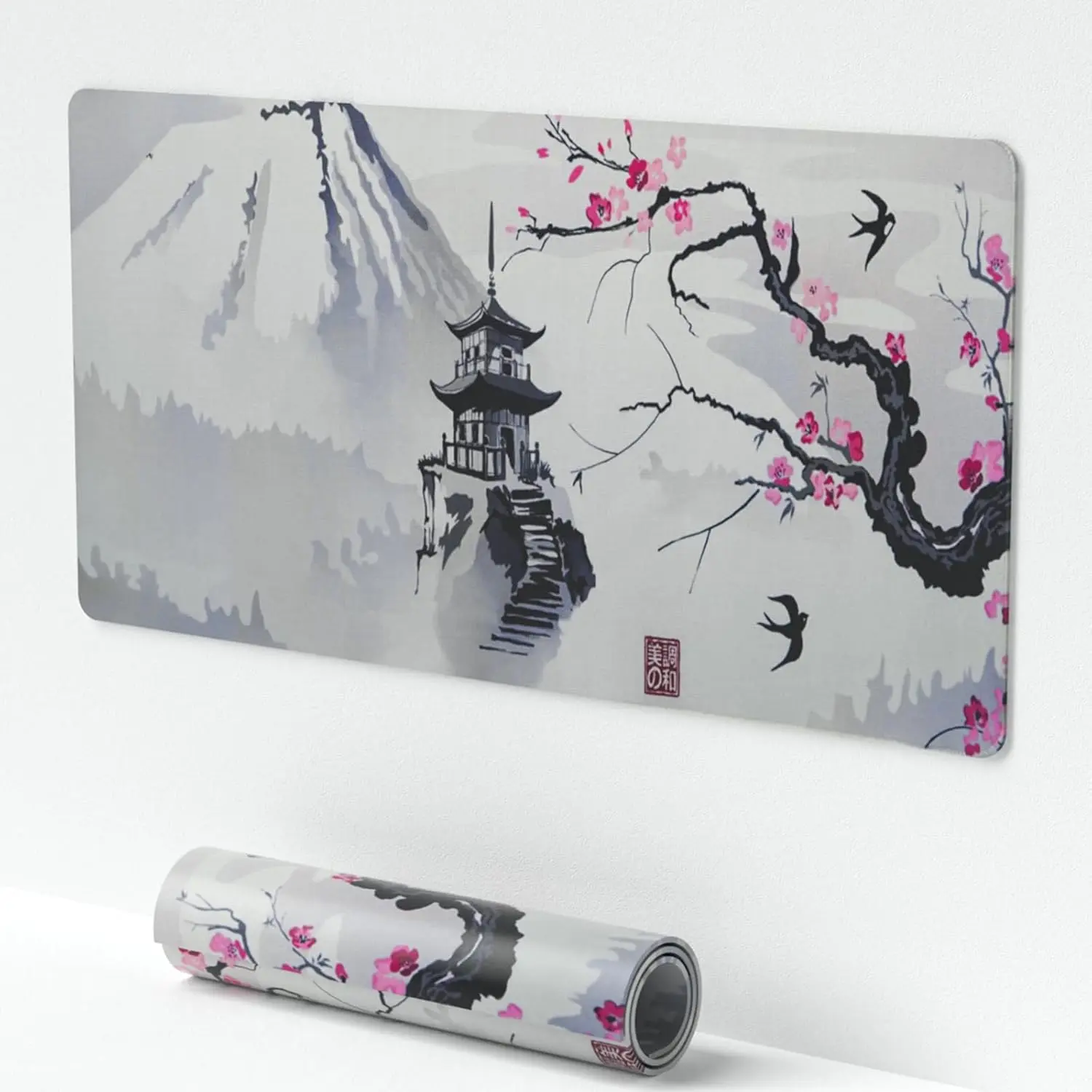 Large White Japanese Cherry Blossom Mouse Pad - 24in x 14in Extended Office Accessories Desk Mat, Durable Mouse Pads with Non-Slip Base, Stitched Edge, Desktop Protector for Office, Home