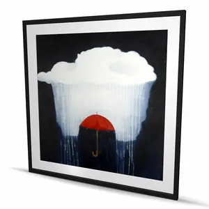 212 MAIN Framed Matted Artistic Photo Print Wall Artwork, 48x48 in., Home Decor Room Decoration, Umbrella Under Heavy Rain Design