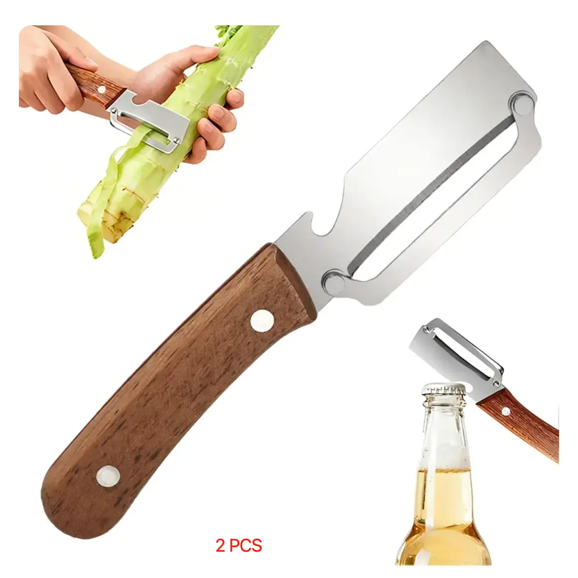 The Ultimate 2-in-1 Grill & Kitchen Tool (2-Pack) - Sharp Stainless Steel Vegetable Peeler with Built-In Beer Bottle Opener & Rugged Wooden Handle