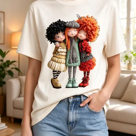 Women's Plus Size Cotton Comfy Short Sleeve Crew Neck Tshirt - 3 BFF Doll Graphic Print, Soft Breathable Loose Fit, Retro 90s Squad Wear, S-5XL Coverage, Everyday Day Basics for Casual Summer Outfits, Matching Aesthetic Affordable Tops