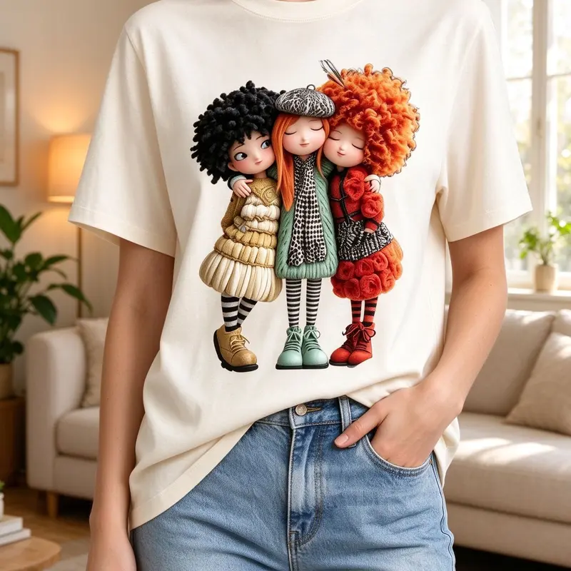 Women's Plus Size Cotton Comfy Short Sleeve Crew Neck Tshirt - 3 BFF Doll Graphic Print, Soft Breathable Loose Fit, Retro 90s Squad Wear, S-5XL Coverage, Everyday Day Basics for Casual Summer Outfits, Matching Aesthetic Affordable Tops