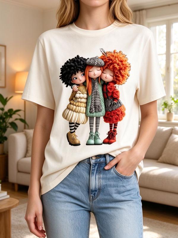 Women's Plus Size Cotton Short Sleeve Crew Neck Tee - 3 BFF Doll Graphic Print, Soft Breathable Loose Fit, Retro 90s Squad Wear, S-5xl Coverage, Affordable Aesthetic Basics for Casual Summer Outfits
