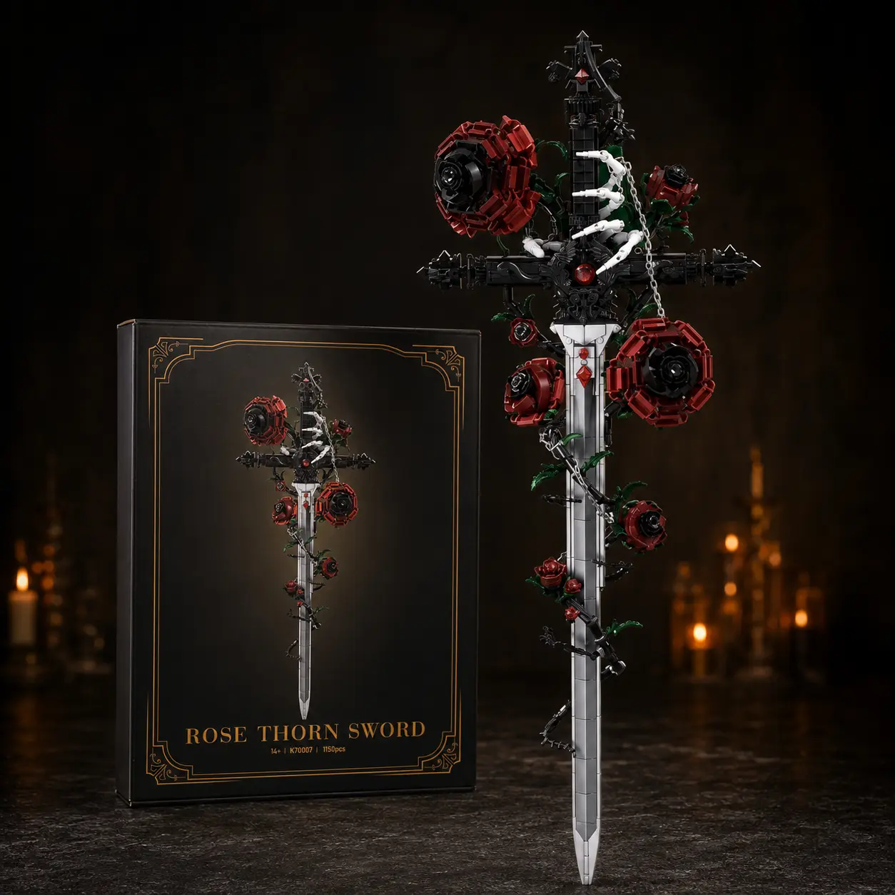 Gothic Rose Thorn Sword Building Block Set, 1150PCS Skeleton Hand Model Kit for Adults, Dark Academia Room Decor, Halloween Collectible, DIY Puzzle Gift for Gothic Lovers birthday gift christmas