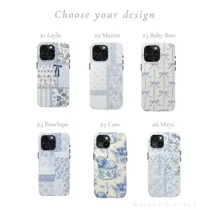 Pastel Blue Patchwork iPhone Case Collection - Toile, Bow, Cow Print, Floral & Lace Aesthetic - Slim, Durable Cover for iPhone 17 Pro Max Plus Air