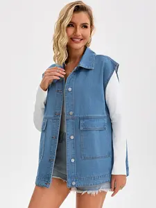 INSPIRE CHIC Women's Oversized Long Denim Vest Button Down Sleeveless Utility Jean Jacket