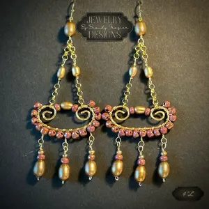 Jewelry Designs by Brandy Frazier Earrings Bohemian chandelier 4 inch long dangle earrings Handmade wire wrapped Beaded drop dangle made with iridescent rose colored glass beads and champagne colored freshwater pearl