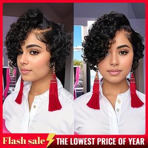 Chic Short Pixie Cut Curly Wave Wig For Women 6INCH 13X4X1 T-Part Lace Front 180% Density Remy Human Hair Natural Black Dealsforyoudays  #SummerVibes#tiktokshopspringglowup
