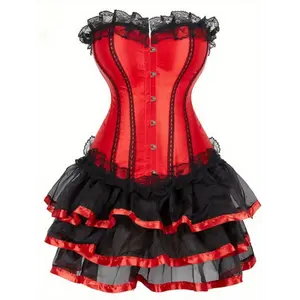 TikChic Closet Vintage Red Corset Top Black Tulle Skirt Set Lace Up Satin Bustier Ruffled Hem Halloween Themed Parties Special Occasions Skew Neck Lantern Sleeve Long Tracksuit