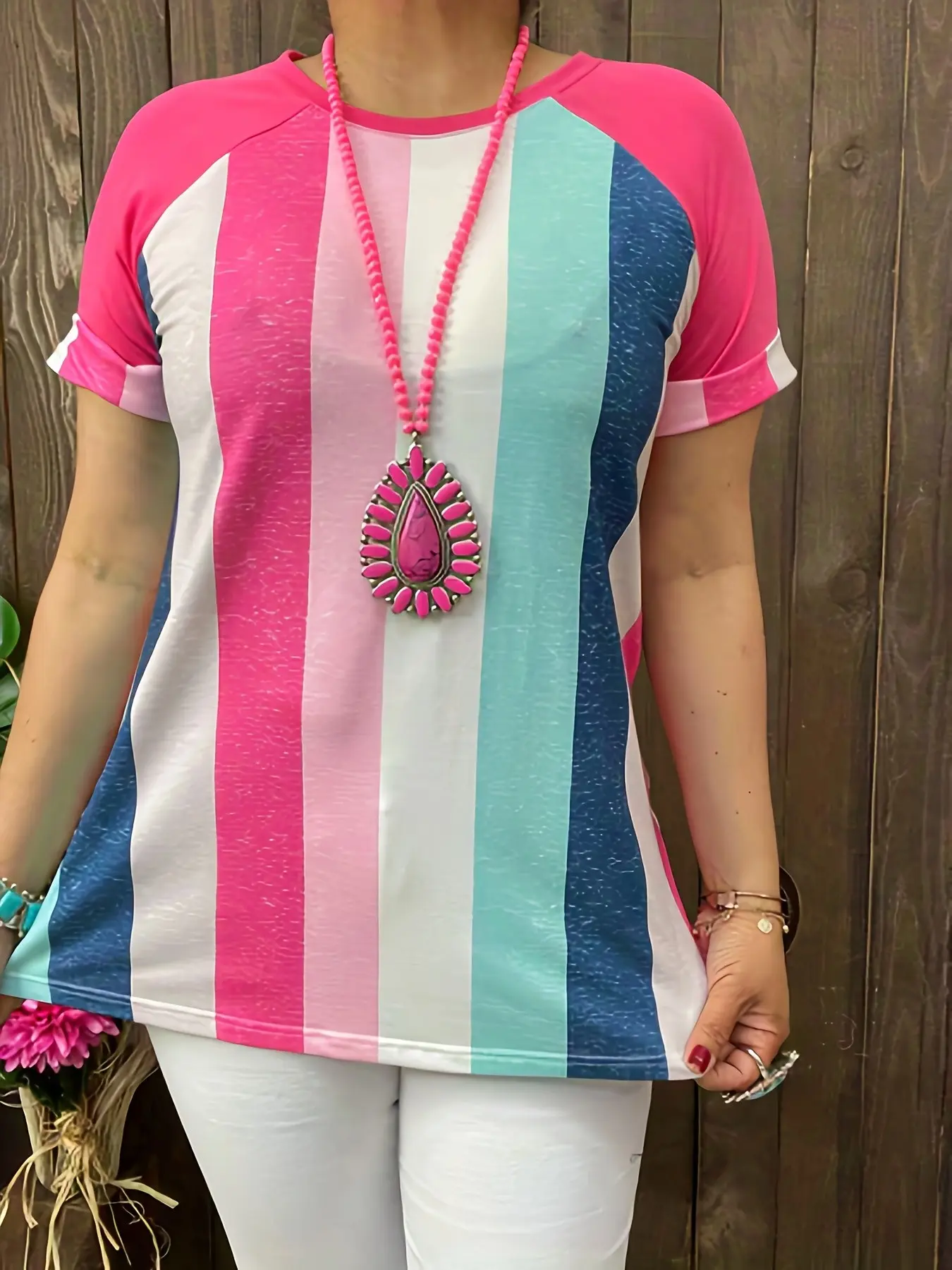 Women's Plus Size Spring Summer Striped Print Shoulder Pad Top, Casual Daily Wear T-Shirt, Multicolor Fashionable Blouse, Casual Comfy Stretchy