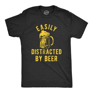 Mens Easily Distracted By Beer T Shirt Funny Drinking Graphic Novelty Tee for Guys Mens Funny T Shirts Cool Vintage Fashion T-Shirt Gift Classic Menswear Funny Beer Short Sleeve Novelty Tees for Guys Black