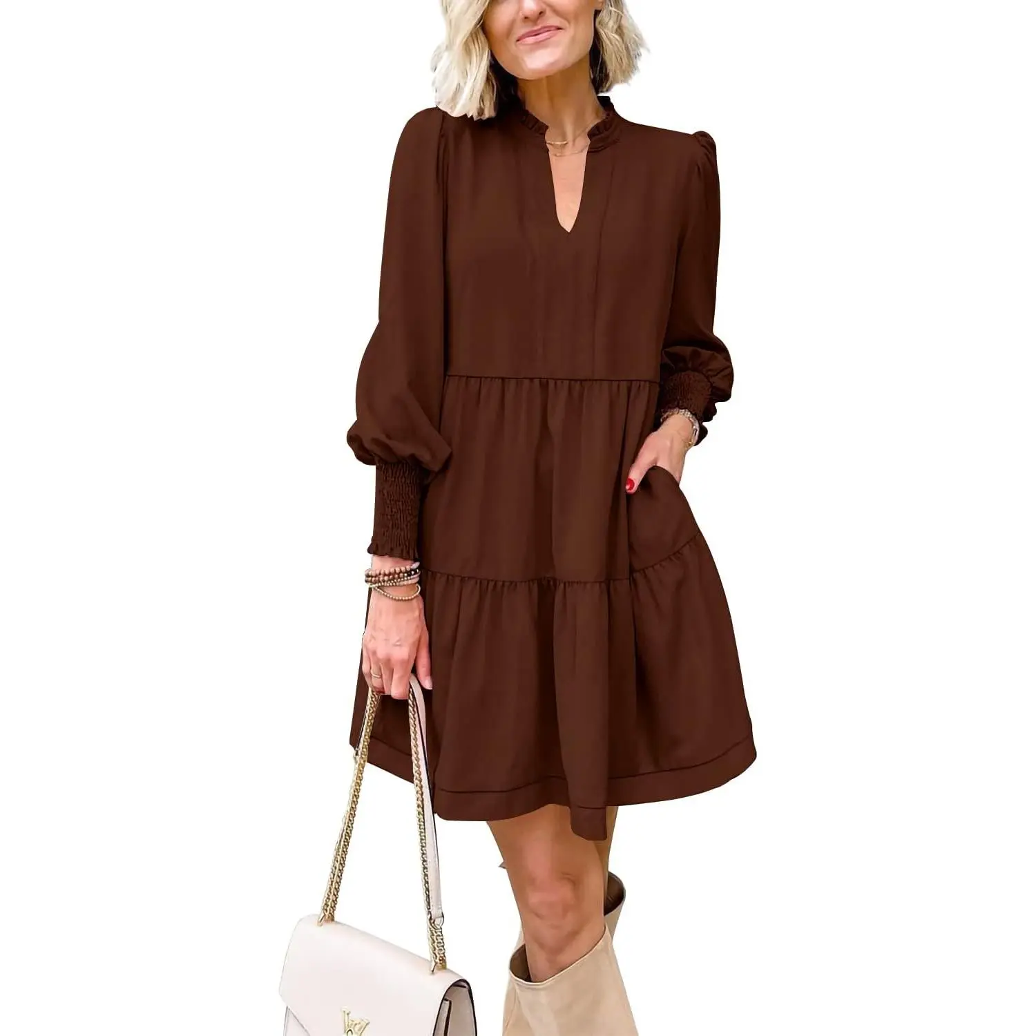 Imily Bela Womens Fall Long Sleeve Tunic Dress Casual V Neck Loose Ruffle Tiered Dress