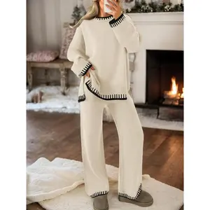 Women’s 2-Piece Sweater Set, long-sleeve round-neck colorblock sweater top and matching long sweatpants, casual loose-fit knitwear for fall and winter, women’s 2-piece loungewear set