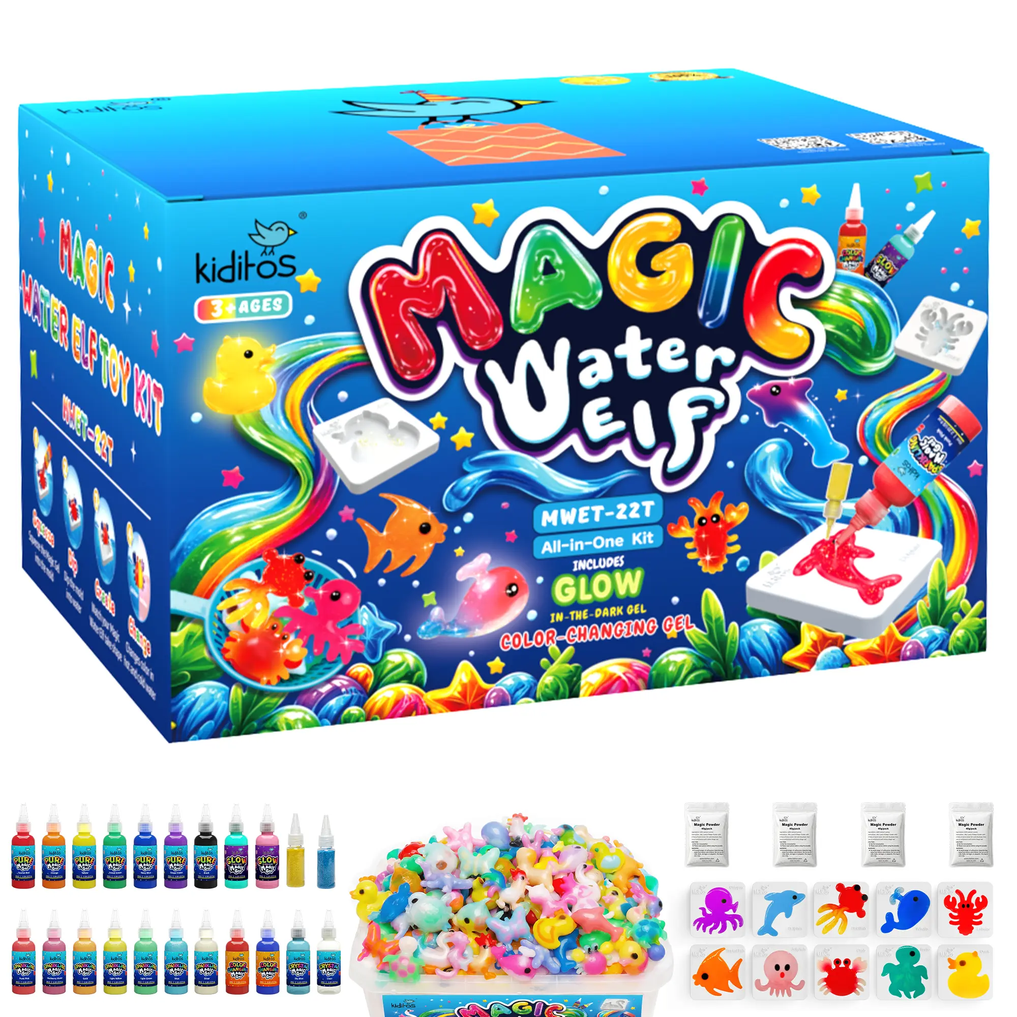 Kiditos Magic Water Elf Kit with 20 Multi-Type Magic Gels & 10 Molds, Create Your Own Squishies Sensory Toys Water Gel Pets, Creative Summer STEM Crafts for Boys & Girls, Birthday Gifts & Party Favors (Model 22T)