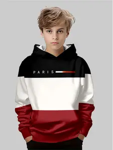 Boys' Colorblock Hooded Sweatshirt, Paris Print Street Style, Fashionable Kids Clothing, Trendy for Boys, Casual Wear