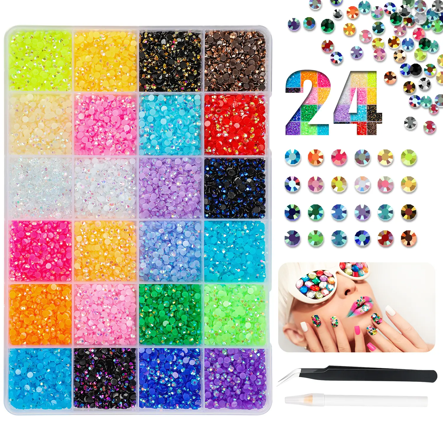 32000Pcs 3mm Resin Jelly Rhinestones 24-Color Bedazzling Kit with DIY Tools for Crafts, Nail Art, Clothing & Decor