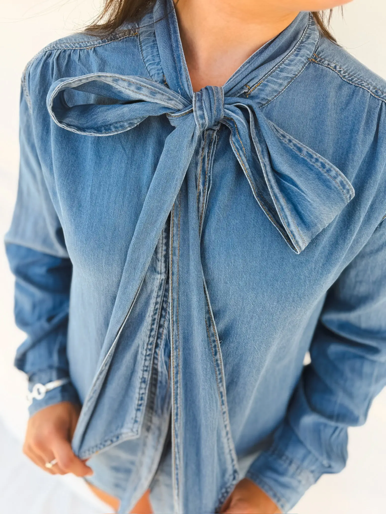 Women's Casual Feminine Chambray Denim Blouse, Tie-Front Long Sleeve, Chic Comfortable Top, Everyday, Longsleeves, Fabric, Shirt