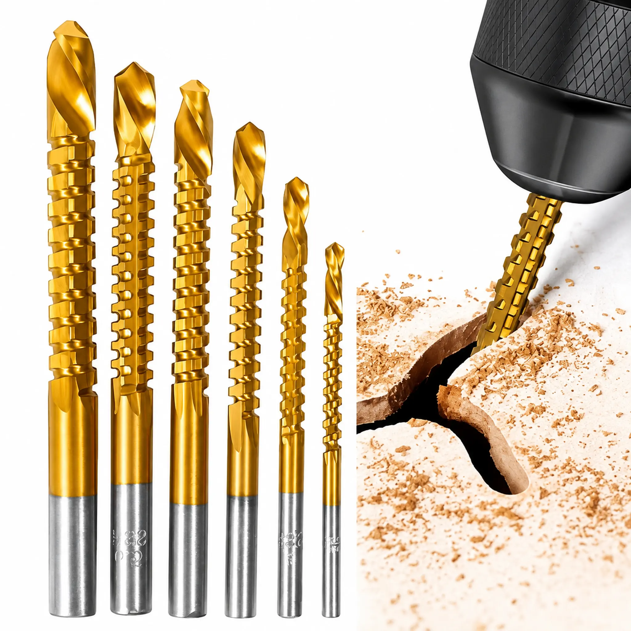 6PCS Titanium-Coated HSS Twist Saw Drill Bit Set, Drilling & Light Lateral Cutting Bits for Plastic and Thin Wood, Spiral Flutes, Straight Shank, Thin Metal Sheet Drilling, DIY Workshop Tools