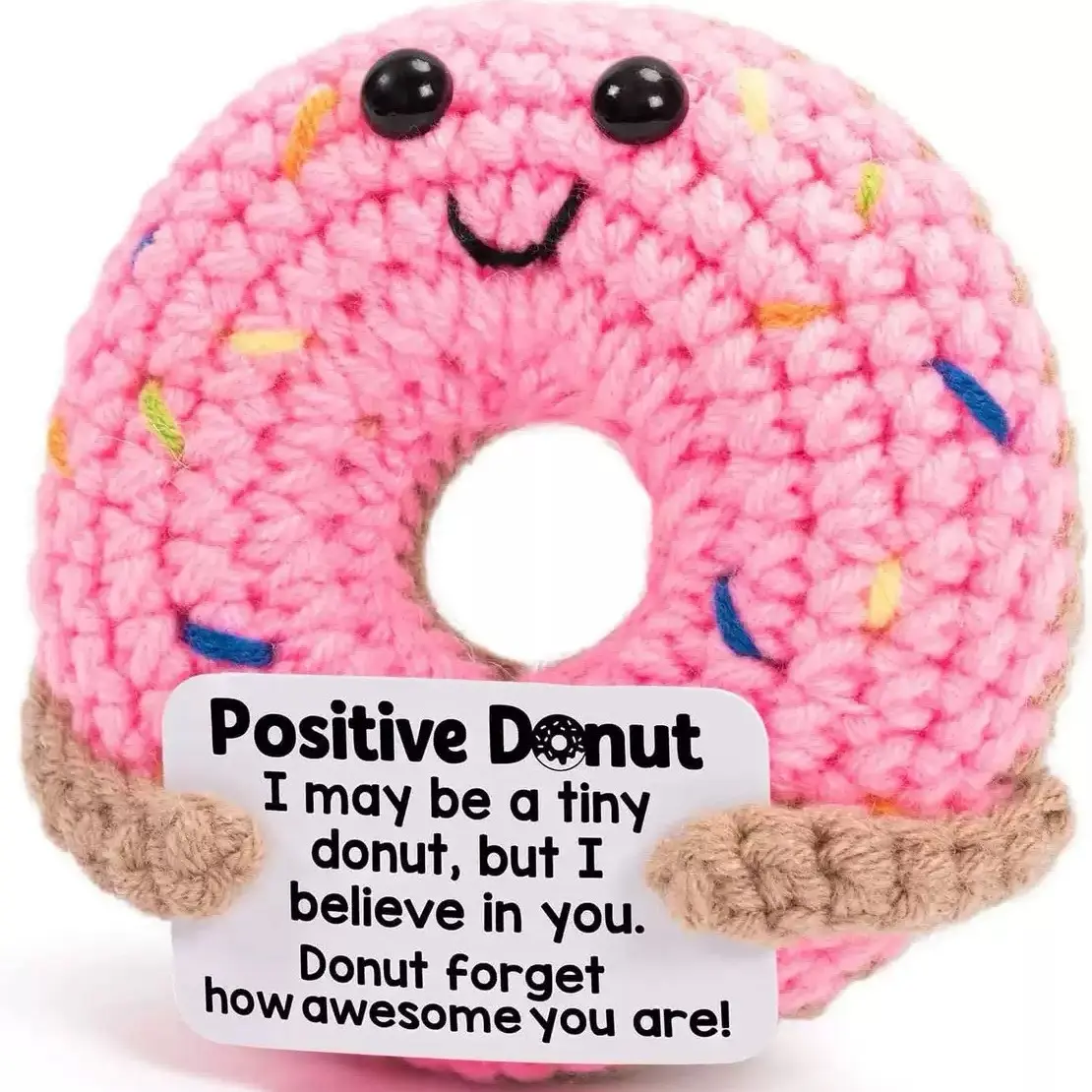 Hand Crocheted Donut Plush Toy, Kawaii Stuffed Animals - Soft Huggable Positive Donut with Encouraging Message, Mini Motivational Soft Cuddly Gift, Cute Desk Decor and Sweet Reminder of Awesomeness