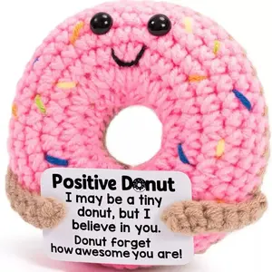 Hand Crocheted Donut Plush Toy, Kawaii Stuffed Animals - Soft Huggable Positive Donut with Encouraging Message, Mini Motivational Gift, Cute Desk Decor and Sweet Reminder of Awesomeness