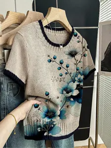 Women's Floral Print Round Neck Fitted Sweater, Casual Short Sleeve Knitwear for Spring Summer Fall, Comfortable Warm Daily Wear