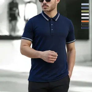 Men’s casual, versatile short-sleeve polo shirt featuring classic stripes with color-block design—simple yet stylish and refined, leaning slightly business-casual. Suitable for business casual wear with a mature, premium feel; striped short sleeves for ev
