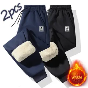 2pcs Men's Autumn And Winter Warm Fashion Fleece Pants With White Maple Leaf Print, Simple And Stylish
