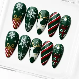AuréNails - Green Christmas Press On Nails | 3D Reindeer And Pearl Nail Set | Festive Nails with Rhinestone Design | Trendy Colorful Xmas Nails Gift