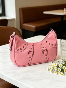 Simple fashionable， niche design  sweet and cool pink shoulder underarm bag, embellished with metal accessories, retro crescent-shaped handbag, suitable for daily commuting, shopping, dating, afternoon tea, etc. Hobo Shoulder Bag