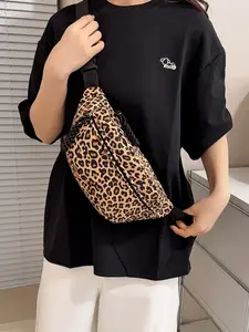 Women's Leopard Print Nylon Belt Bag, Adjustable Crossbody Shoulder Bag, Casual Retro Style, /, Versatile for Daily Use