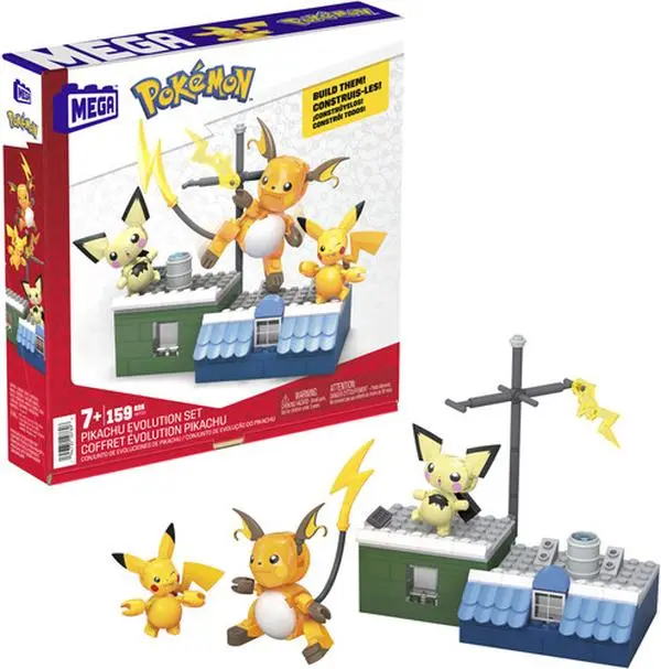 MEGA BLOKS Pokemon Pikachu Evolution Construction Collectible Set - 159 Pcs Buildable and Poseable Character Figure, Children Development Brick Building Toy