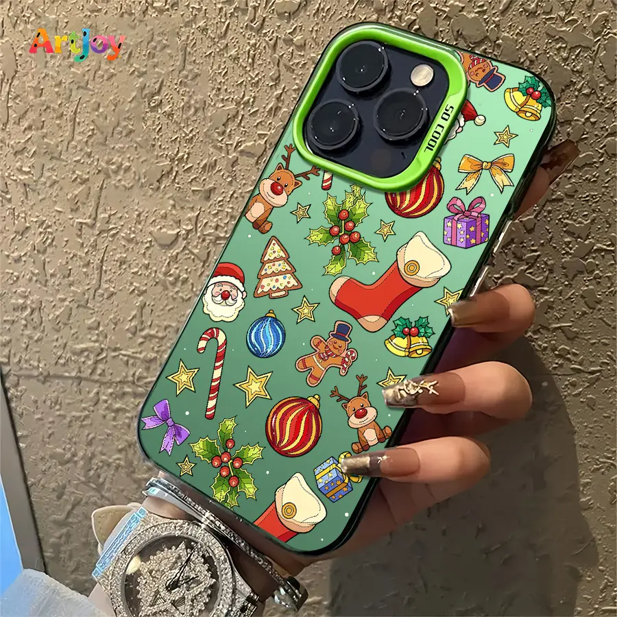 Shockproof Phone Case With All-over Print of Santa, Reindeer, Christmas Socks & Gifts, Fashion Versatile Protective Case With Green Camera Frame,With For Iphone17 Pro Max,16, 15, 14 ,13,12And 16Plus. It Makes A Perfect Gift For Birthdays, Holidays