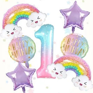 7pcs Cloud Rainbow Balloon Set, Gradual Starry Sky Numbers and Happy Birthday Balloons, Party Decorations, Wedding, Home, Atmosphere Setup