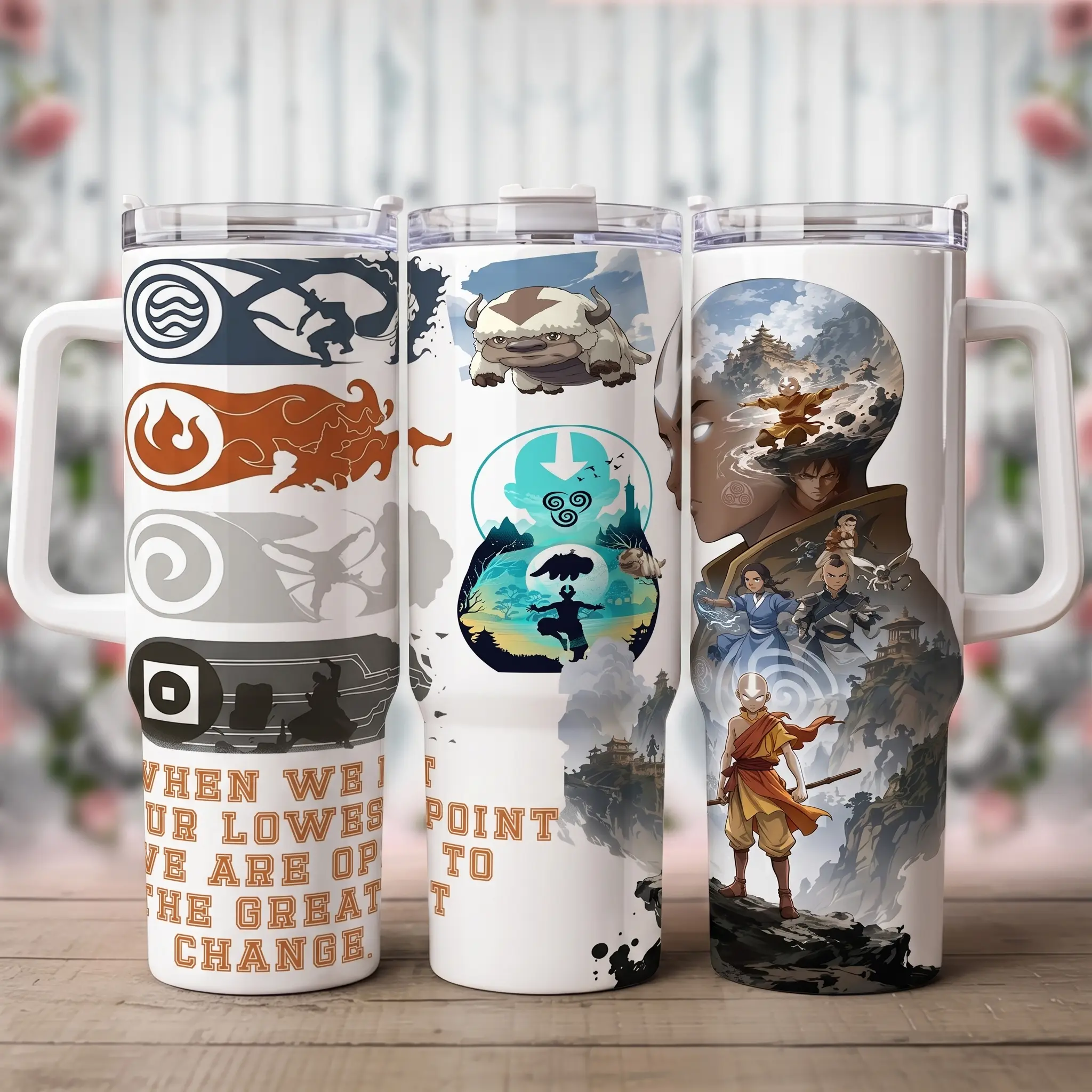 Anime Avatar 40oz Tumbler Travel Mug Handle, Aang The Last Airbender Graphic Cup with Straw, Four Elements Insulated Stainless Steel Flask, Appa Flying Bison Cartoon Merchandise Gear, Leak Proof Lid Car Cup Holder Friendly, Birthday Gift for Fans