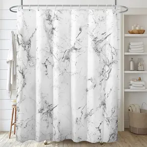 1pc White with Light Gray Marble Print Shower Curtain, with Hooks, Polyester Fabric, Simple Style for Windows and Walls, Bathtub Bathroom Home Decor Shower Curtain, Suitable for All Seasons 71x71/ 36x71inch