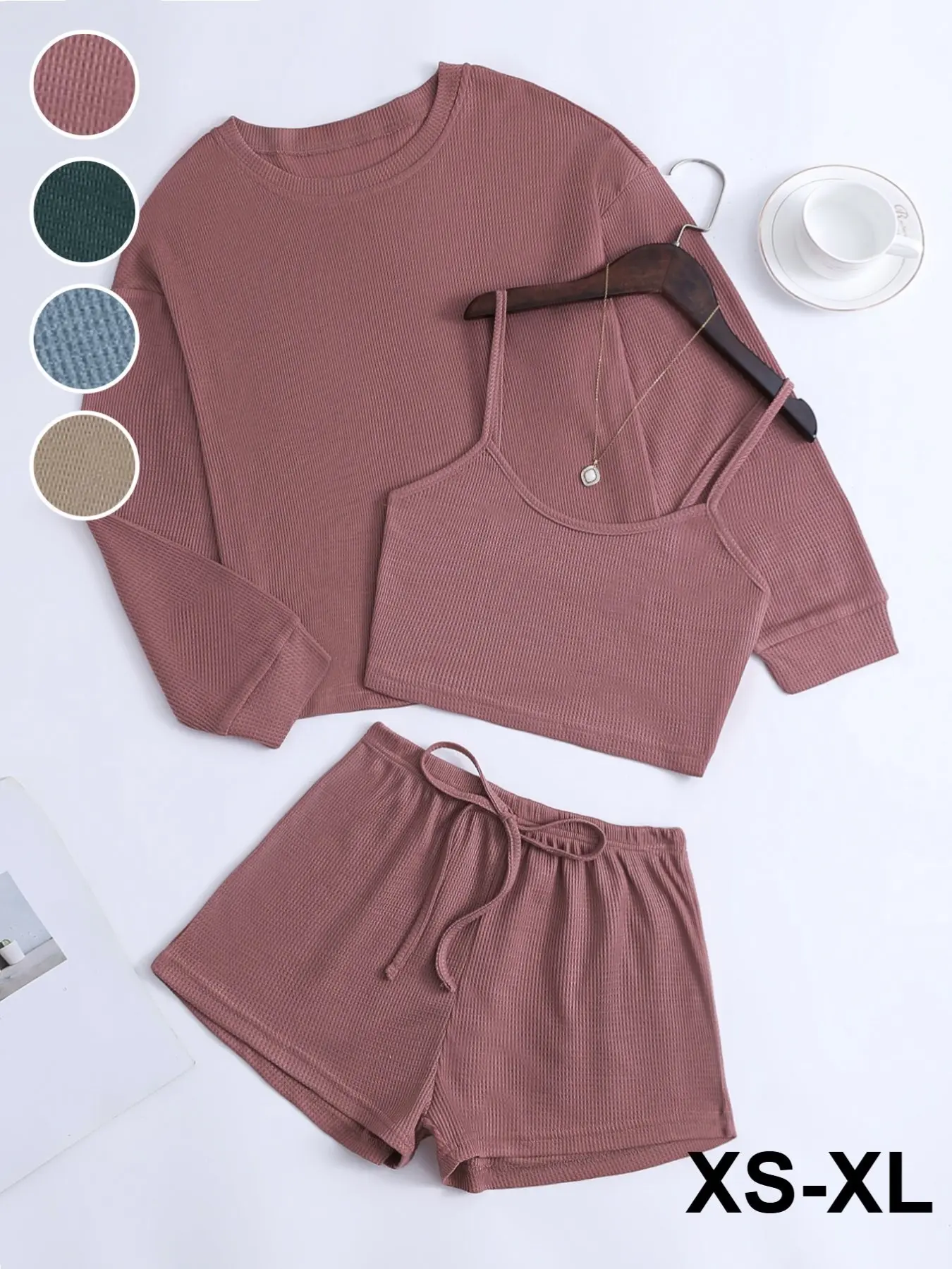 Women's Waffle Knit Tank Top + Long Sleeve Round Neck Shirt + Adjustable Drawstring Shorts Set, Casual Basic Loose Fit Homewear Clothes, Fall & Winter