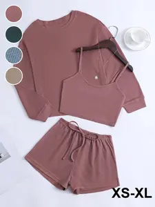 Women's Waffle Knit Tank Top + Long Sleeve Round Neck Shirt + Drawstring Shorts Set, Casual Loose Fit Homewear, Fall & Winter