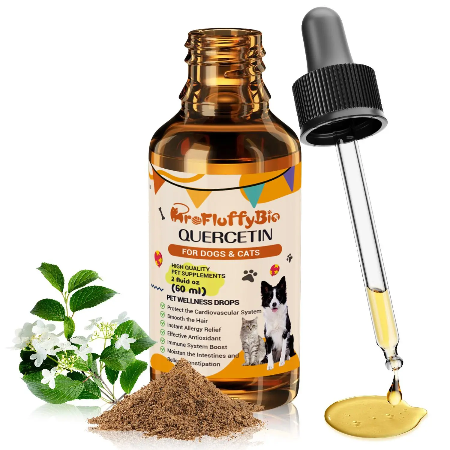ProFluffyBio Natural Quercetin Antioxidant Edible Canine Nutritional Drops - 2 oz Vitamin Supplement for Skin & Ear Itch, Inflammation Relief