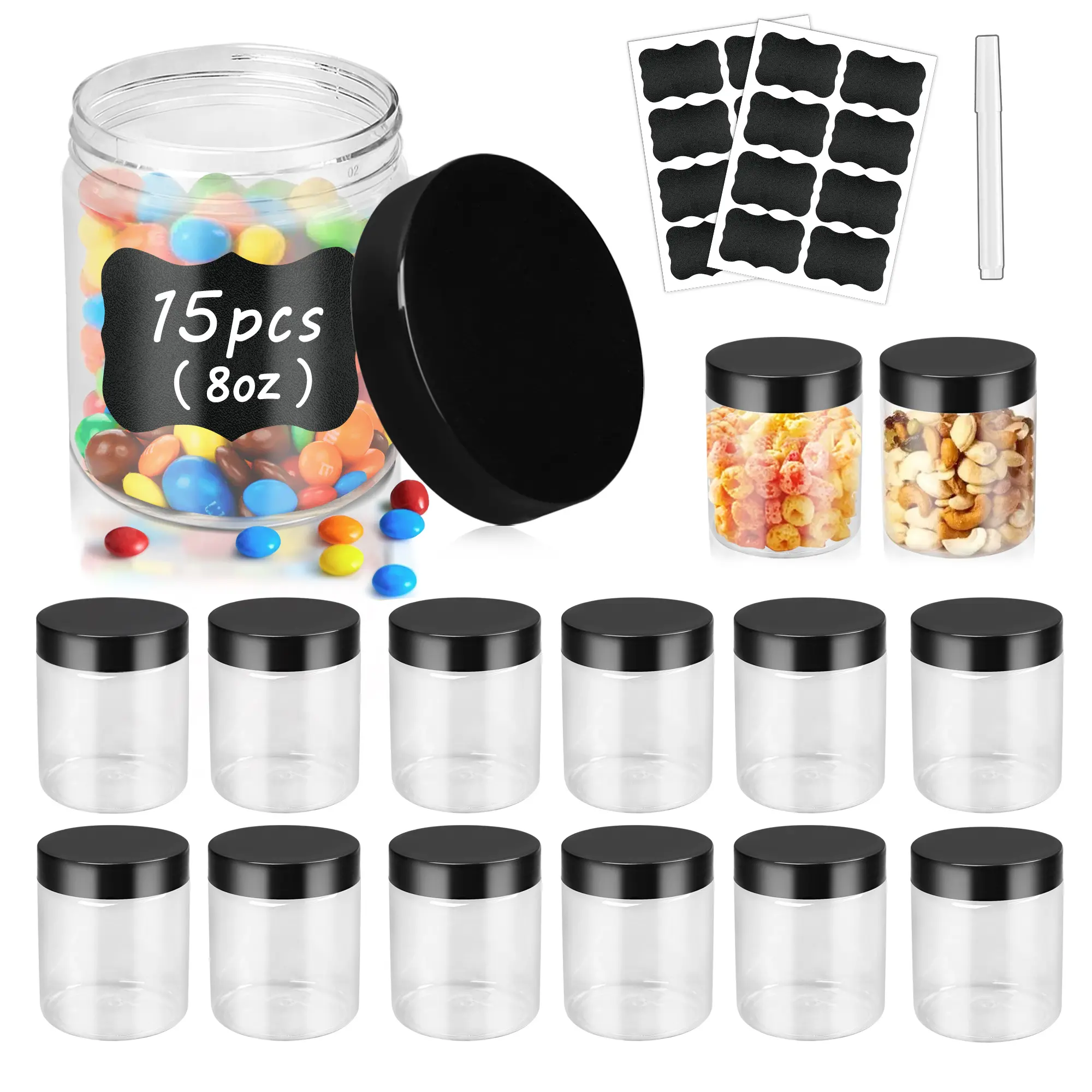 15-Pack 8oz Transparent Plastic Storage Jars & Bottles with Wide-Mouth Screw-On Lids, Refillable Containers with Labels for Dry Food, Home Kitchen Organizers, Canisters