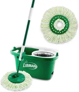 Libman Tornado Spin Mop System - Mop and Bucket with Wringer Set for Floor Cleaning - 2 Total Mop Heads Included, Green