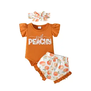 Newborn Baby Girl Summer Clothes Just Peachy Romper Fruit Peach Ruffle Shorts Set 3Pcs Infant Summer Outfits