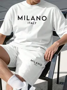 Men's Round Neck T-Shirt and Shorts Set, Top Fashion Classic Summer Sports Casual Wear, Fitted Letter Print Tee and Drawstring Shorts, Daily Leisure Menswear