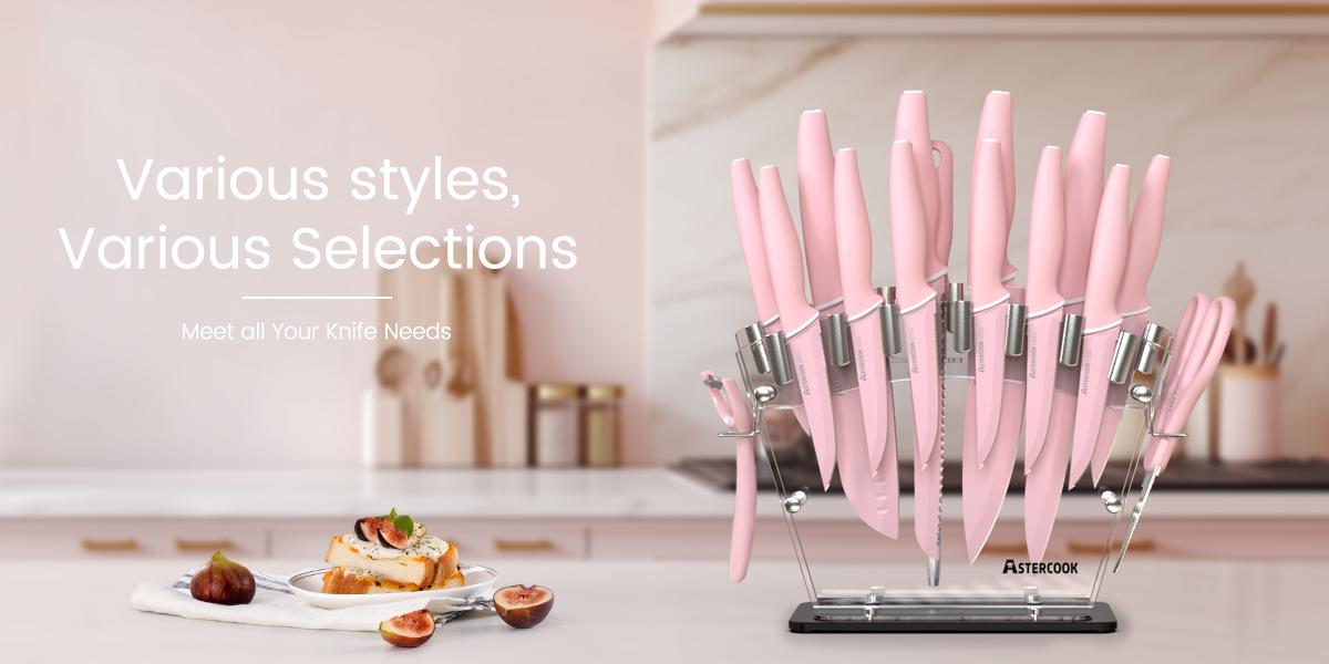 [Pink Iron Throne] Astercook 17-piece kitchen knife set high carbon stainless steel sharp serrated steak knife, chef knife, bread knife and scissors knife pink cutlery cutting Kitchenware Pastel ValentinesDay