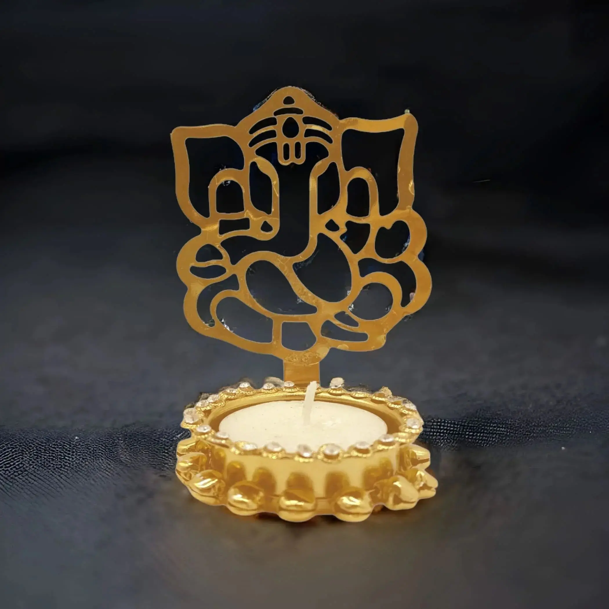Elegant Ganesha Candle Holder | Metal & Rhinestone Diya for Diwali, Wedding, Home with Blessings of Wisdom | Ideal Gift
