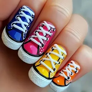 Shiny Sports Shoe Print Nail Art, Nail Art Design, Short Square Fake Nails, Street Trend Style, 24 Pieces Set, Nail Art Products, Perfect for Casual Wear & Daily Use
